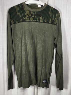 Affliction Olive Green Long Sleeve Crew with Camouflage Yoke